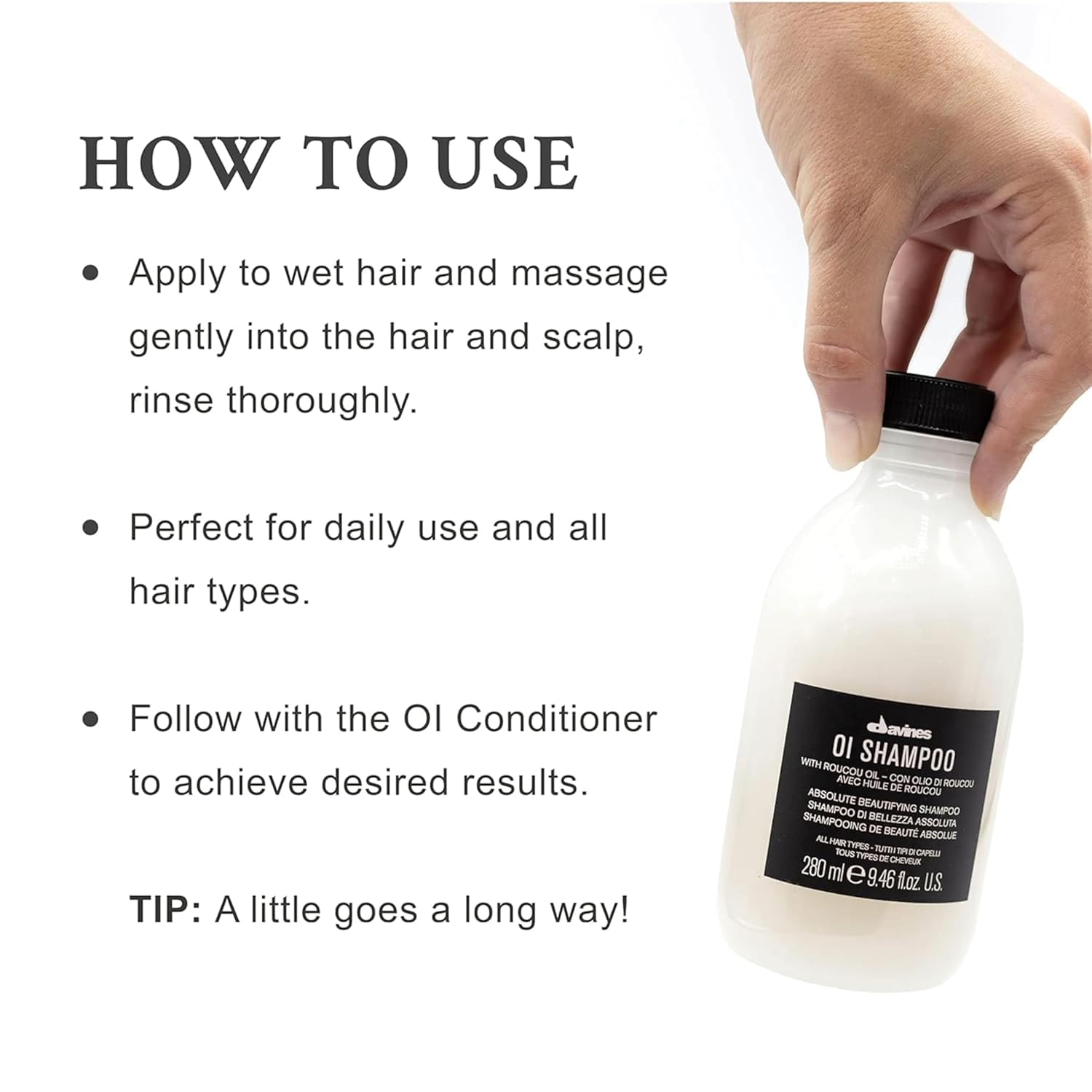 Davines OI Shampoo, Milky-Smooth Hydrating Cleanser for All Hair Types - Antioxidant-Rich Formula with Roucou Oil for Extraordinary Shine, Softness, Volume & Protection, Sulfate-Free, 9.47 Fl Oz