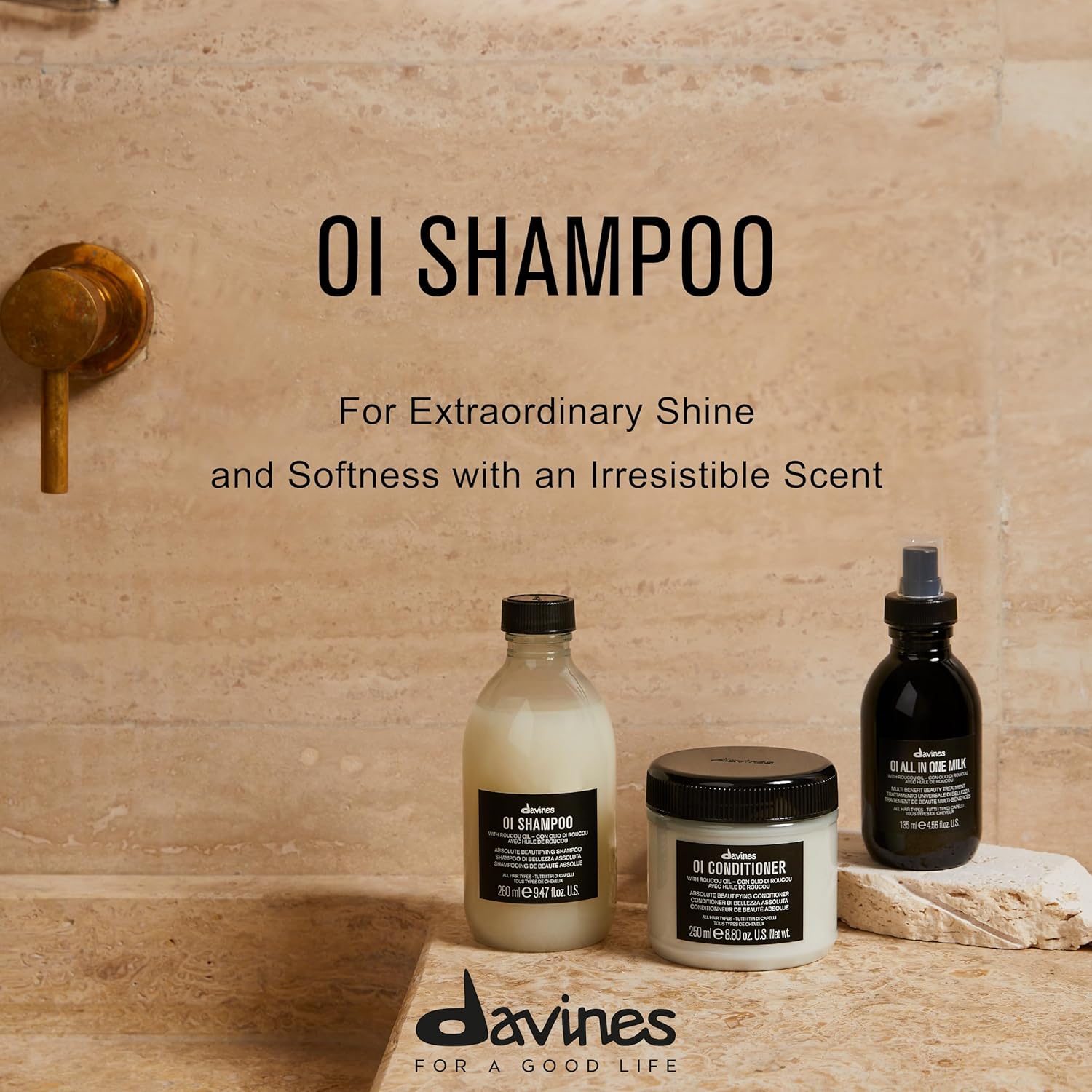 Davines OI Shampoo, Milky-Smooth Hydrating Cleanser for All Hair Types - Antioxidant-Rich Formula with Roucou Oil for Extraordinary Shine, Softness, Volume & Protection, Sulfate-Free, 9.47 Fl Oz